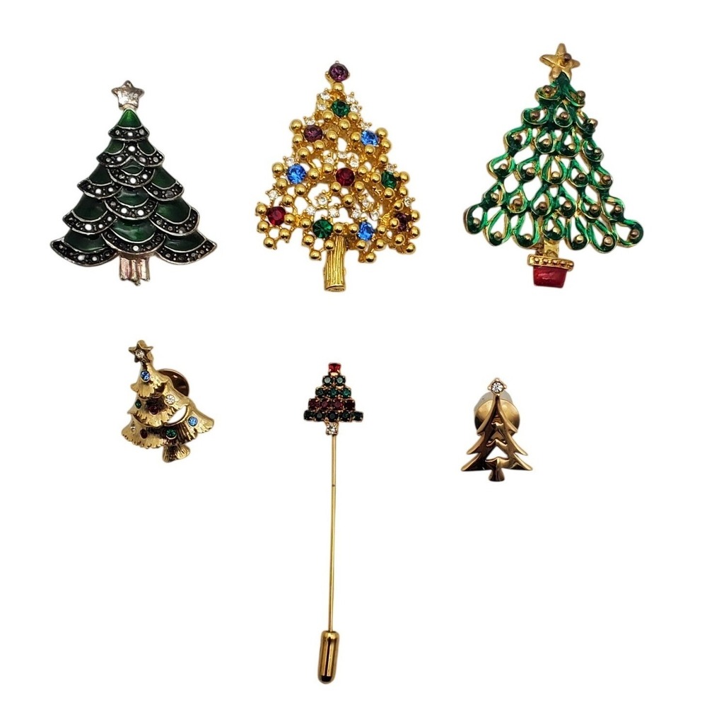Vintage Christmas Tree Brooch Lapel Stick Pin Eisenberg Avon Holiday Rhinestone